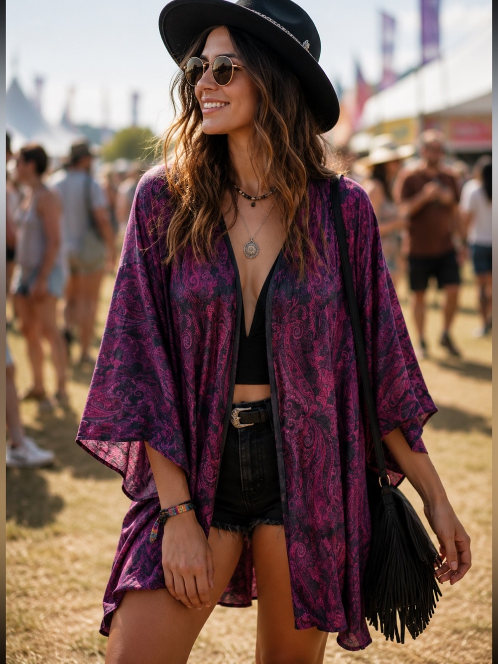 Petanu by Pashma Wine Black Wool Blend Hand Printed Paisley Ruana Poncho Wrap OS